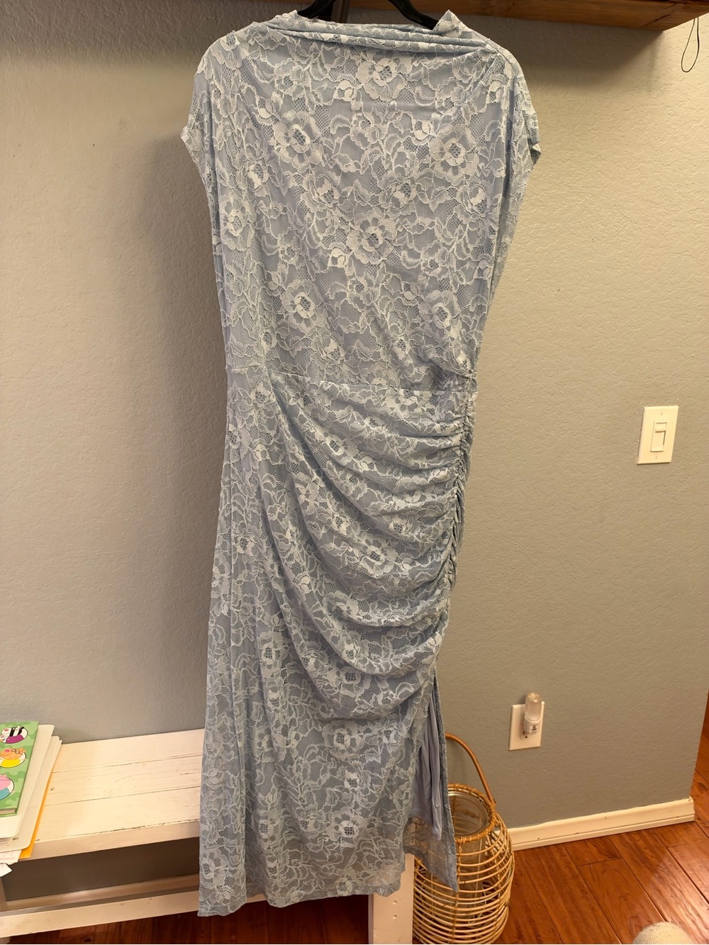 Anthropologie Pale Blue Lace Ruched Maxi Dress